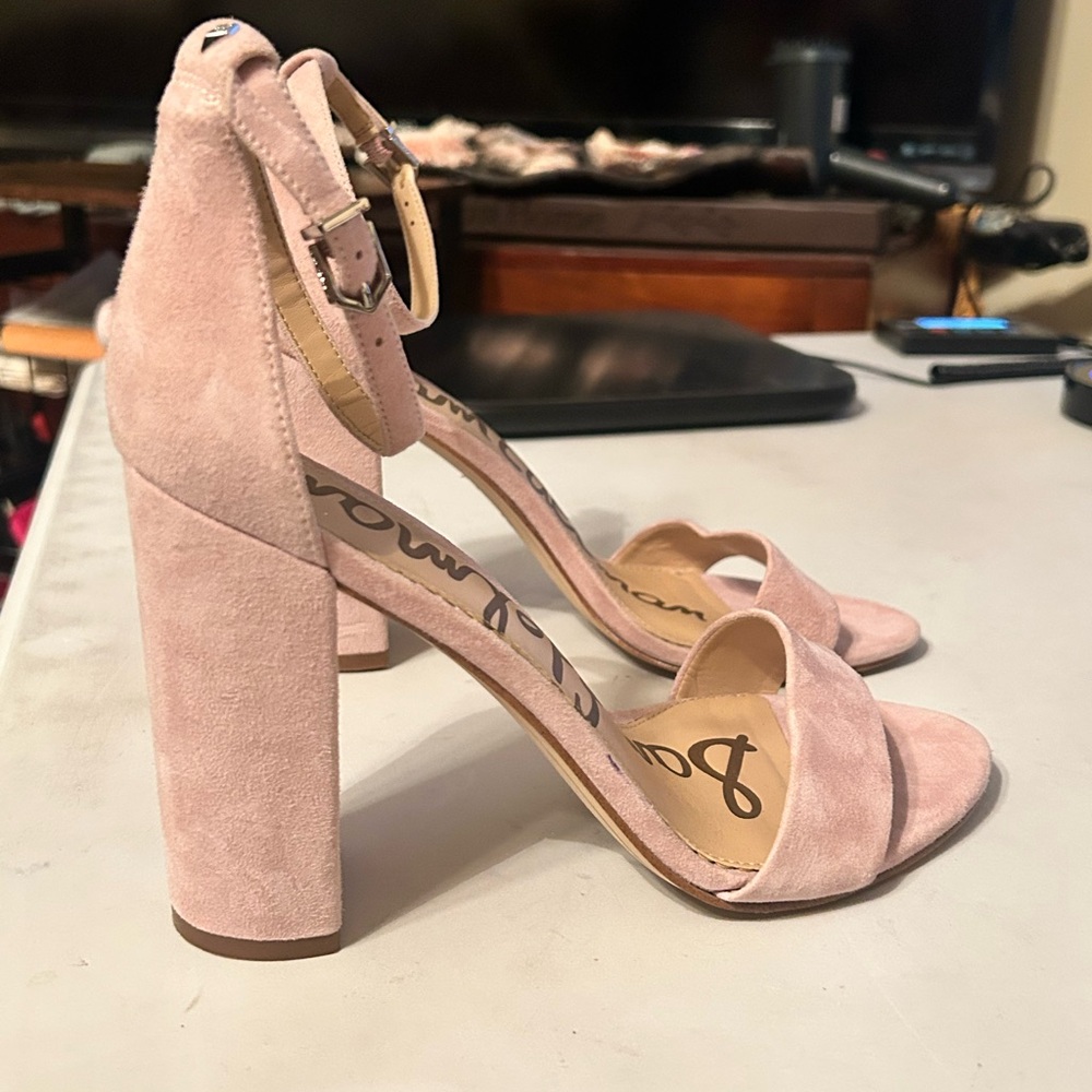New Sam Edelman Suede Pink High Block Heels Size 10 Ankle Strap Open Toe Sandals